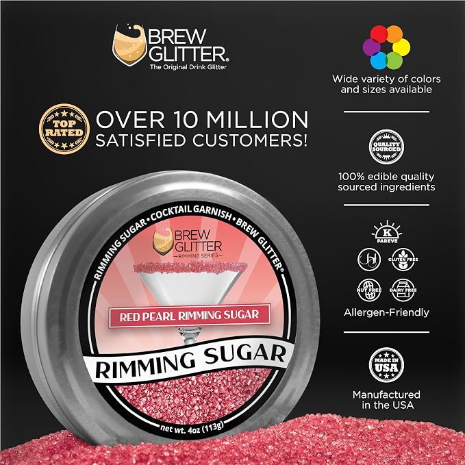 Brew Glitter - Red Pearl Rimming Sugar (1LB, 1x Resealable Bag) Cocktail Garnish for Mixed Drinks & Refreshments