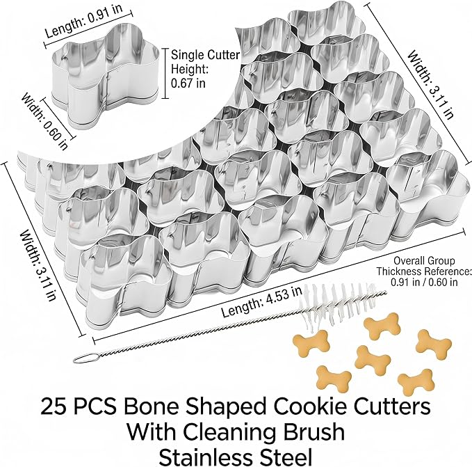 25 PCS Bone Shaped Cookie Cutter Set, Stainless Steel Mini Bone Cookie Cutters with Cleaning Brush, Small Dog Bone Biscuit Cutters for DIY Baking Cookies Fondant Pet Treats