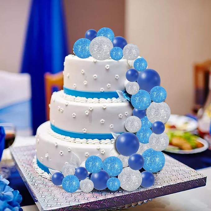 BEISHIDA 40 Pcs Ball Cake Toppers Mini Balls Cake Decorations Blue Silver Foam Balls Sticks DIY Cake Topper for Baking Congrats Grade 2026 Graduation Birthday Winter Party Decorations (Blue Silver)