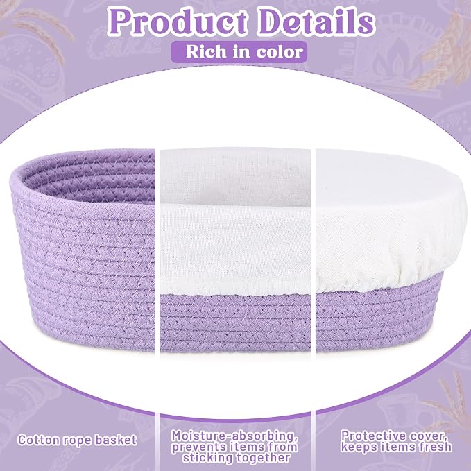 2 Pcs Cotton Rope Banneton Bread Proofing Basket Set 9 Inch Round and 10 Inch Oval Banneton Basket Sourdough Bread with Liners Covers for Baking Supplies(Purple)
