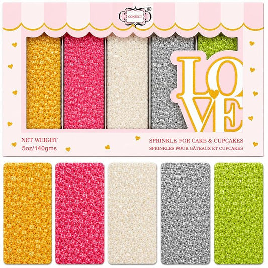 Confect Sprinkle Mix – 5-Pack Assorted Edible Sugar Tropical Summer Sparkling Sugar Crystals in Gold, Bright Pink, Silver, Parrot Green & White – Decorative Toppings for Cakes, Cupcakes & Cookies –Vegan, Gluten-Free, Nut-Free, Soy-Free, Dairy-Free, Pal...