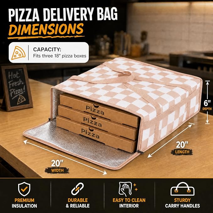 Beige Checkered Pizza Bags for delivery, Checkerboard Insulated Pizza Delivery Bag, Pizza Warmer Bag Pizza Carrier for Food Delivery Bag 20’’x20’’x6’’