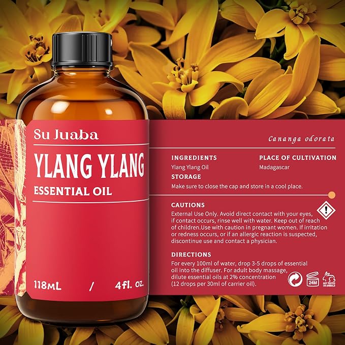 SU JUABA Ylang-Ylang Essential Oil for Perfume & Hair Making, Skin Care | Aromatherapy Oil for Diffuser, Creating Calming, Relaxing and Aromatic Atmosphere - 118ml / 4.0 fl oz