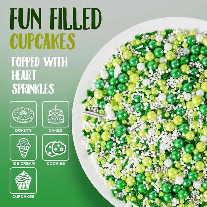 St. Patrick’s Day Sprinkles - 7oz Green and White Silver Pearls Nonpareils Jimmies Metallic Sprinkles for Cake Decorating, Cookie, Cupcake Topper, Spring St Patty's Day Baking Supplies