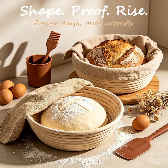 Sourdough Starter Kit, Sourdough Bread Baking Supplies, Banneton Bread Proofing Basket with Starter Jar, Dough Whisk, Scrapers, Recipe, Round Bread Proofing Basket, for Bread Baking