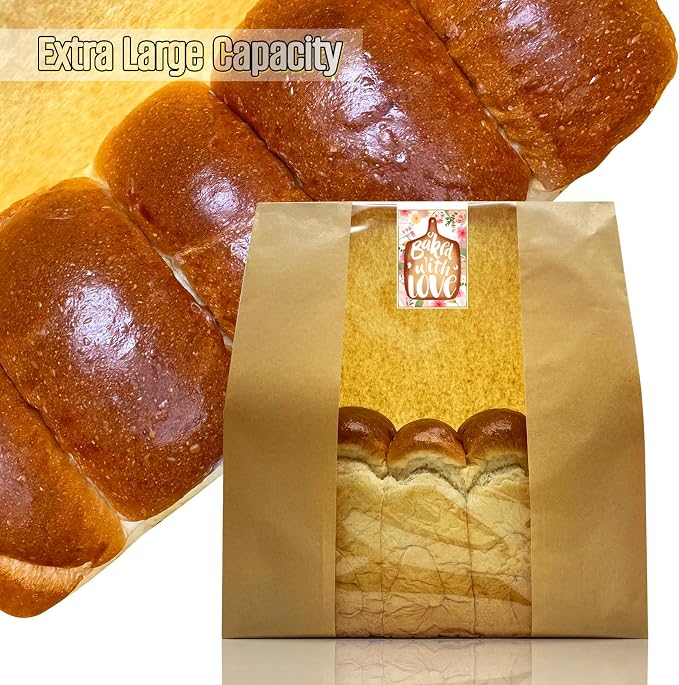BIUBIU 16 x 10 x 5 Inches Extra Large Paper Bread Bags for Homemade Bread with Window and Sticker for XL Sourdough Bread, Supersized Loaf, Baked Goods, Packaging for Gifting - Brown Kraft 50 Pack