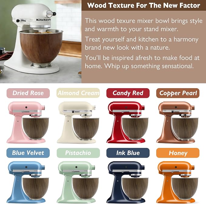Stainless Steel 5 Quart Mixer Bowl for Kitchenaid Classic&Artisan Tilt Head Stand Mixer, Wood Texture, Fit for K45, KSM75, KSM90, KSM150, Heavy Duty, Dishwasher Safe