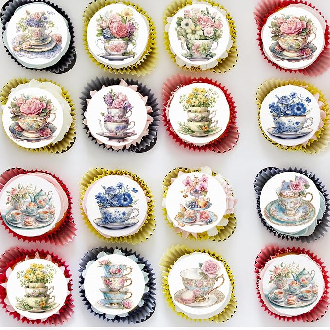 48PCS Edible Spring Floral Tea Cupcake Toppers Wafer Paper Vintage Teapot Vase Cake Picks Edible Floral Teapot Cupcake Toppers for Spring Teacups Princess Theme Cake Decor Supplies