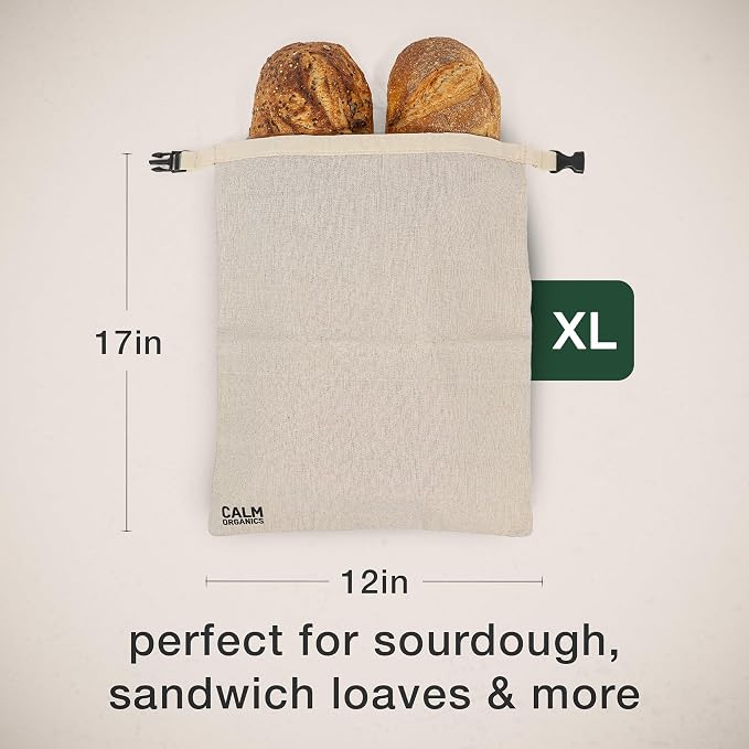 Reusable Linen Bread Bag with Beeswax Lining | Plastic-Free Food Storage for Sourdough, Baguette, Artisan Loaves | Eco Friendly | Zero Waste Kitchen Bag | Calm Organics