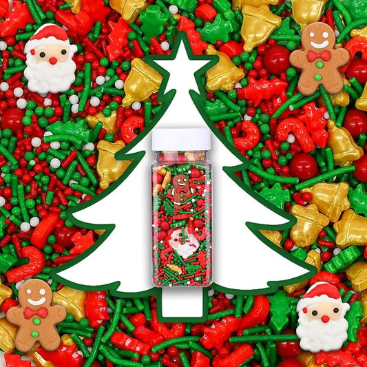 LEBERY 1 Bottle Christmas Sprinkles Holiday Sprinkle Mix Christmas Tree Santa Claus Sprinkles Christma Jimmies Red and Green Sprinkle Edible Xmas Cake Topper for Cookie Baking Decorating