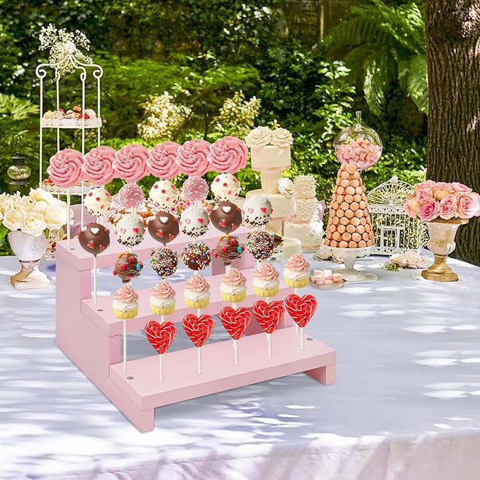 Wood Cake Pop Stands, 3 Tier Lollipop Holders with Twist Ties Lollipop Sticks, Sucker Display Riser for Dessert Table of Wedding Birthday Party (Pink-1P)