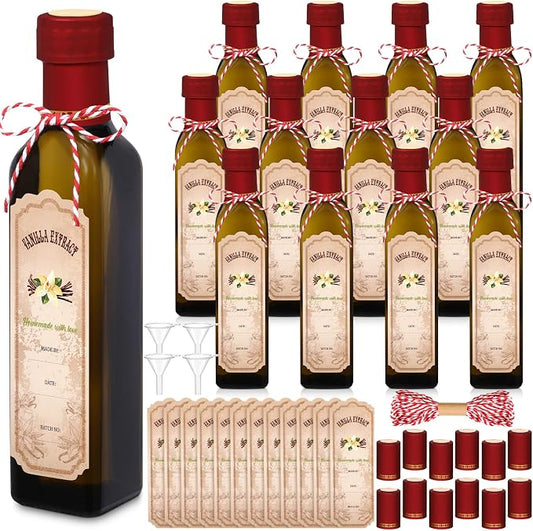 Tioncy 12 Pcs 8.5 oz Vanilla Extract Bottles for Homemade Vanilla Jar Amber Glass Square Bottle with Cap Shrink Band Sticker Syrup Food Storage Canister for Liquid Bean Sauce Spice Gift Giving(Red)