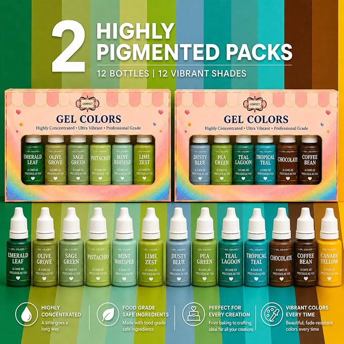 Confect Nature Palette Gel Food Coloring Set – 12 Highly Pigmented Colors for Buttercream, Cakes, Cookies, Macarons & Baking – 10mL Bottles