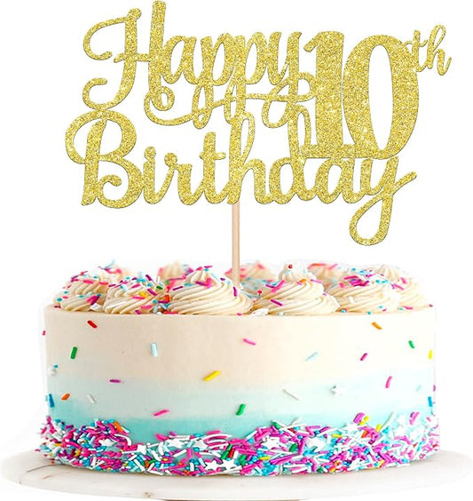 1 PCS Happy 10th Birthday Cake Topper Gold Glitter Cheers to 10 Years Birthday Cake Pick 10 Fabulous Double Digits Cake Decoration for Happy 10th Birthday Theme Party Decorations Supplies