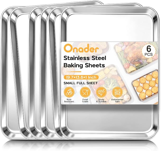 Onader Baking Cookie Sheet Set of 6, 20 x 14 Inch Stainless Steel Large Baking Sheet Pan, 1 Inch Deep Metal Oven Pan Tray for Oven, Easy Clean & Dishwasher Safe
