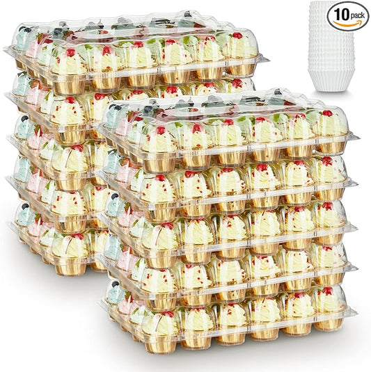 Gencywe (24 Pack x 10 Sets) Stackable Cupcake Carrier Holders with 240 Pack Cupcake Liners, Plastic Cupcake Boxes Holders for 24 Cupcakes, High Tall Dome Lid Cupcake Containers, Clear Cupcake Trays