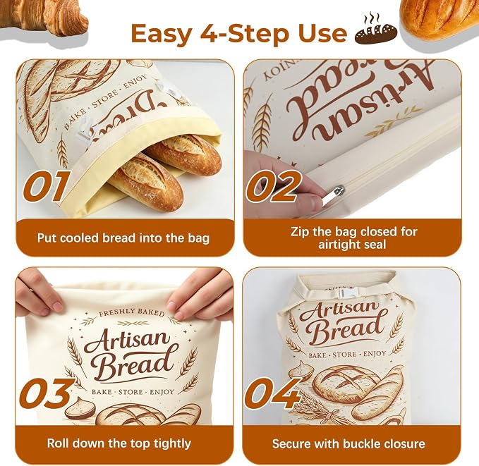 Beeswax Linen Bread Bags with Zipper & Buckle Closure, 2 Pack XL | Reusable beeswax linen bags. Preserve freshness and texture of sourdough and artisan loaves for daily storage.