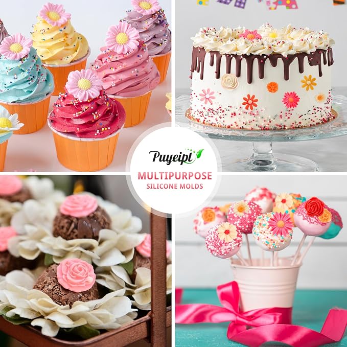 Puyeipt 4 Pcs Flower Silicone Fondant Molds, Daisy Rose Flower Chocolate Candy Molds for Cupcake Topper, Cake Pop Decoration and Clay Craft Making