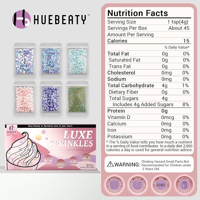 HUEBEATY 6-in-1 Mermaid Sprinkles Set – 180g Edible Mermaid Sprinkles & Seashell Cake Decorations, Under the Sea Ocean Sprinkles for Cake Decorating, Cupcakes, Cookies, Ice Cream & Summer Desserts