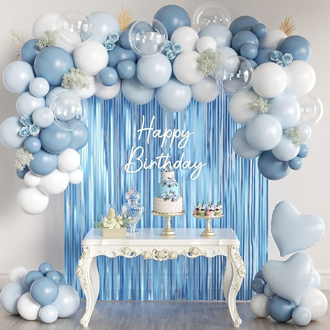 157PCS Pastel Blue and White Balloons Garland Arch Kit with Light Blue Fringe Curtain for Bridal Baby Shower Birthday Engagement Wedding Winter Wonderland Dance Party Decorations