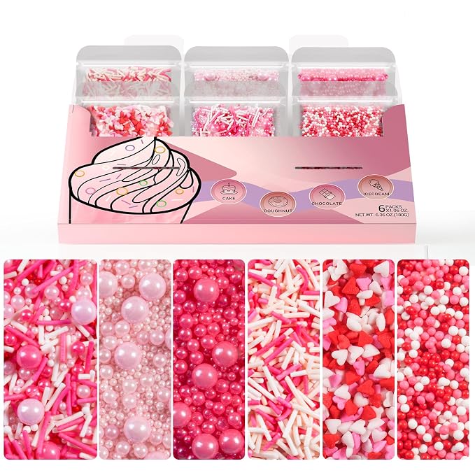 HUEBEATY 6-in-1 Pink Sprinkles for Cakes Cupcakes Decorating – 6.36oz/180g Edible Baby Shower, Strawberry, Princess & Valentine’s Day Sprinkles with Pink Pearls, Red Pink Mini Hearts, Jimmies & Nonpareils for Cookies, Ice Cream & Desserts Topping and B...