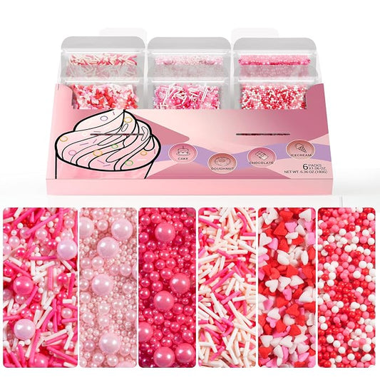HUEBEATY 6-in-1 Pink Sprinkles for Cakes Cupcakes Decorating – 6.36oz/180g Edible Baby Shower, Strawberry, Princess & Valentine’s Day Sprinkles with Pink Pearls, Red Pink Mini Hearts, Jimmies & Nonpareils for Cookies, Ice Cream & Desserts Topping and B...