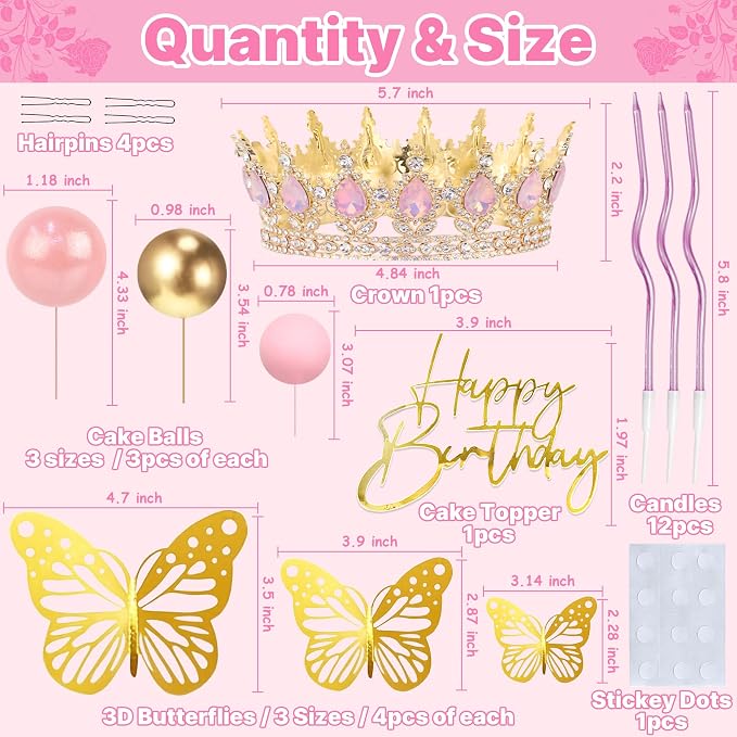 Crown Cake Topper, Pink & Gold Crown Balls Happy Birthday Cake Toppers Birthday Candles Butterfly, Corona Para Pastel, Crown Cake Decorations for Women Queen Princess (Gold, Jelly Pink)