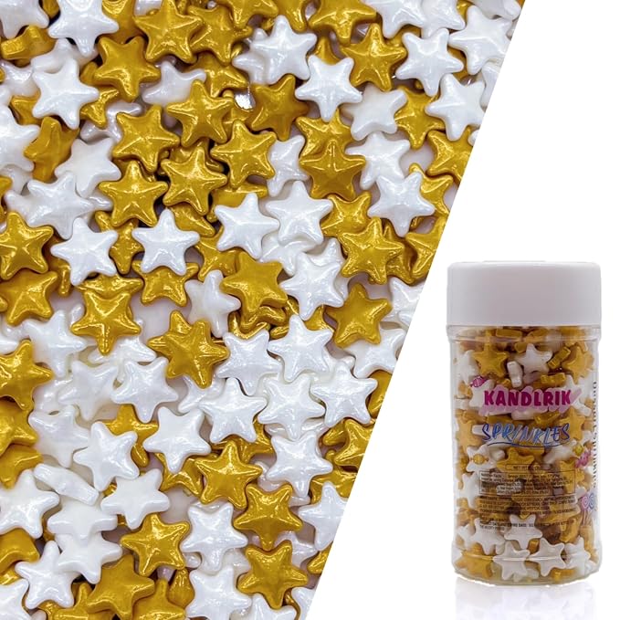 10mm Gold & White Sprinkles Edible Stars Cake Decorating Stars Cake Decorations Cupcake Toppers Cookie Decorating Perfect for Cakes,Cupcakes,Desserts Toppings 3OZ