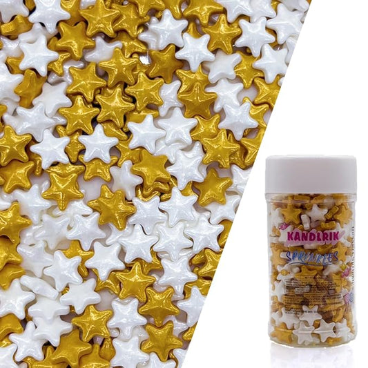 10mm Gold & White Sprinkles Edible Stars Cake Decorating Stars Cake Decorations Cupcake Toppers Cookie Decorating Perfect for Cakes,Cupcakes,Desserts Toppings 3OZ