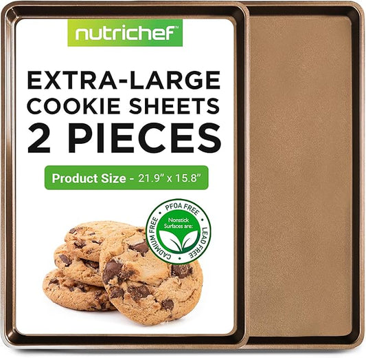NutriChef 2-Piece Nonstick XL Cookie Sheets for Baking - 22" x 16" Stackable Extra Large Baking Sheet - Carbon Steel Baking Pans, PFOA, PFOS, PTFE Free- NCLGBP28