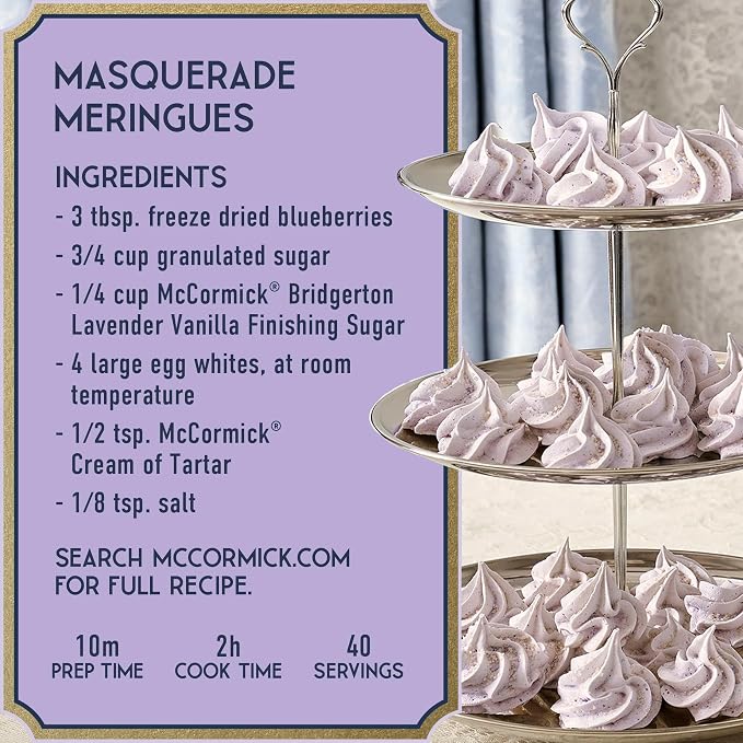 McCormick Bridgerton Finishing Sugar, Lavender Vanilla, Limited Edition, Floral Lavender Notes, Smooth Vanilla Flavor, For Cakes, Cocktails, Matcha Tea, and More, 3.45 oz