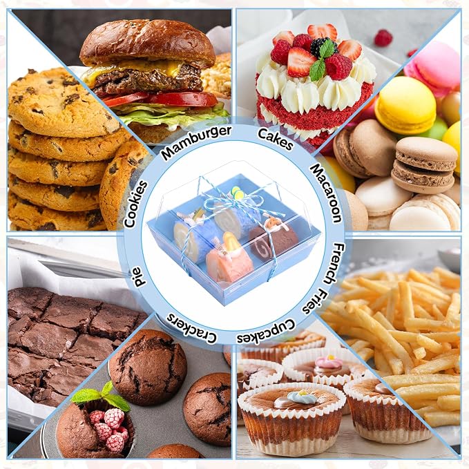Jetec 50 Pack Charcuterie Boxes with Clear Lids and Rope 4 Inches Cake Disposable Square Dessert Food Box Containers with Lids for Bakery Macaron Cookies Strawberries Fruits Display (Blue)