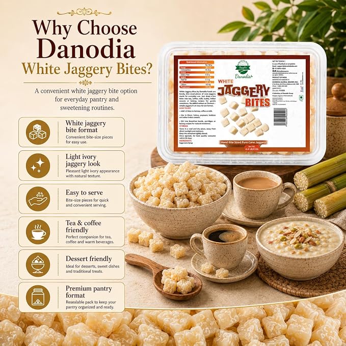 Danodia Foods Organic White Jaggery Bites, Cane Gur Sweetener, 1 lb Pack | Jaggery gur sweetener for chai, coffee, baking, desserts and recipes; Gluten-Free, No Additives, Vegan; everyday recipes