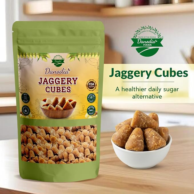 Danodia Foods Organic Jaggery Cubes, Cane Gur Sweetener, 2 lb Pack | Traditional sugarcane gur cubes for tea, coffee, cooking, baking, desserts and Indian pantry recipes; Indian pantry sweetener