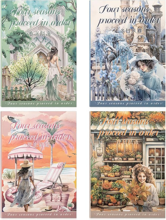 Four Seasons Style Stickers Scrapbooking Supplies for Junk Journal, Four Sticker Books, 80 Sheets PET Stickers