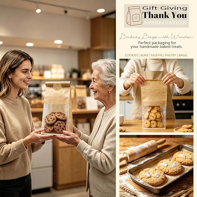 Cookie Bakery Bags with Window Small Bread Baked Goods Packaging Tin Tie Tab Closure & Cute Sticker for Candies, Treats, Snack - Brown Kraft Paper 20 Pcs 11x5.1x3.9 Inch