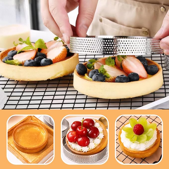Perforated Stainless Steel Tart Rings 2PCS 8 Inch Round – Heat Resistant Nonstick Baking Rings Ring Molds for Cooking