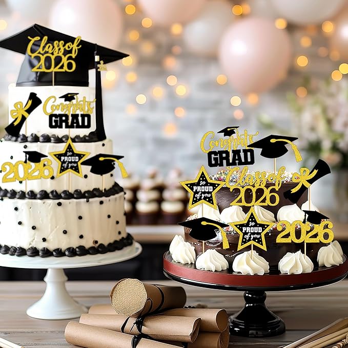 48 PCS Graduation Cupcake Toppers, 6 Styles Congrats Grad Cake Topper, Black and Gold Graduation Decorations 2026, Glittery Cap and Diploma Cake Picks for Grad Party Decor Supplies