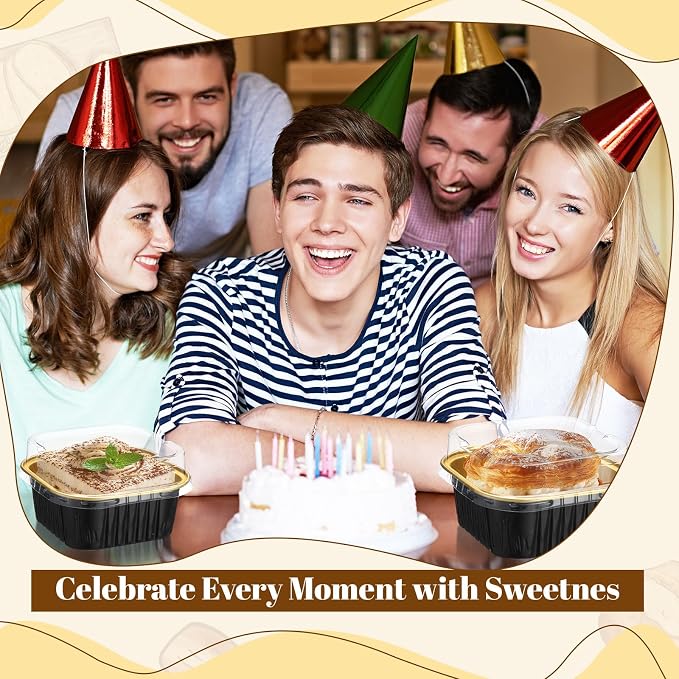 200 Pack 5 oz Mini Cake Pans with Lid, Aluminum Foil Mini Baking Tins, Square Disposable Cupcake Baking Cup Dessert Container for Wedding Birthday Party Picnic(Black, Classic)