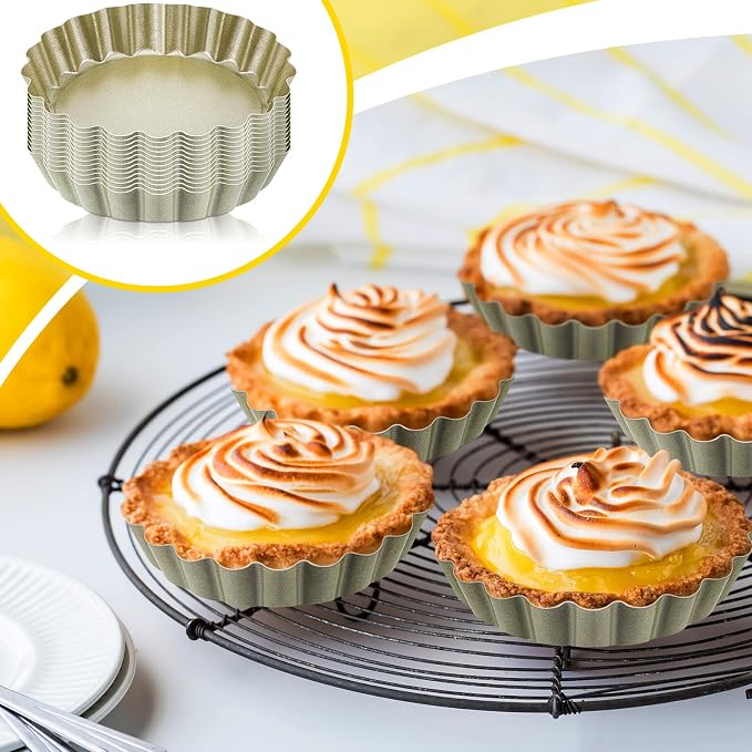 Tessco for you 16 Pcs Mini Tart Pans for Baking, 4 Inch Quiche Pans with Removable Bottom, Nonstick Egg Tartlets Molds Fluted Side Bakeware for Pie Fruit Tart Cheesecake Dessert (Gold Round)
