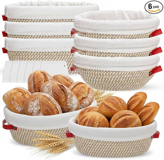 Gejoy 6 Set Cotton Rope Banneton Bread Proofing Basket with Cloth Liner and Plastic Scraper Banneton Dough Sourdough Proofing Bowls Kit for Home Sourdough Bakers (Round, Oval, 9'', 10'')