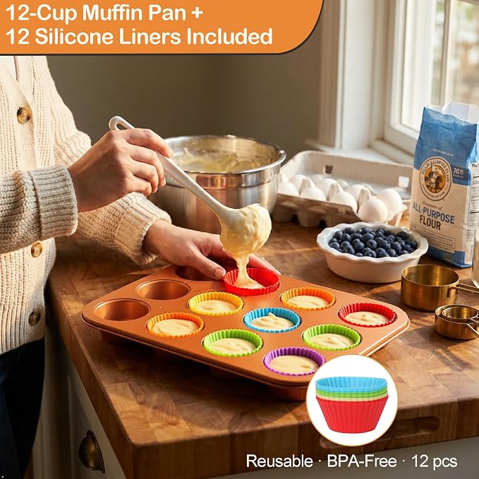 Baking Pans Set 6-Pieces, Non Stick Bakeware Sets Stackable, with Rectangular Baking Pan, Muffin Pan, Round/Square Cake Pan, Loaf Pan, Cooling Rack, Oven Mitt for Home Baker, Gold