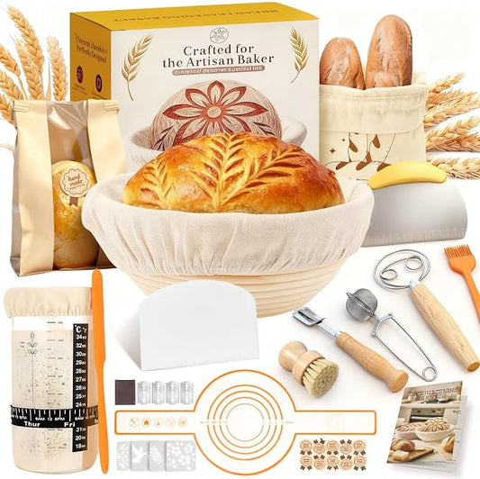 Complete Sourdough Starter Kit with Manual | Easy to Clean for Beginners | Sourdough Bread Baking Supplies with Round Bread Proofing Basket, Bread Sling, Starter Jar, Dough Whisk, Scrapers, Bag