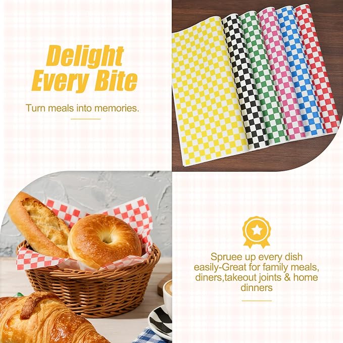120pcs Wax Paper Sheets for Food, 12x12" Variety Pack Checkered Sandwich Wrapping Paper, Greaseproof Deli Sheets, Pre Cut Premium Food Basket Liners for Party, Festival & Outdoors, JIRNGLA