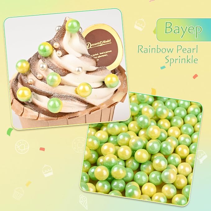 Edible Pearls for Cake Decorating Yellow & Green Sprinkles for Cookies, Baking, Ice Cream, Cupcake Topper Pearl Sprinkles Perfect for Wedding Party Valentines Christmas Holiday Supplies 3.52 Ounce