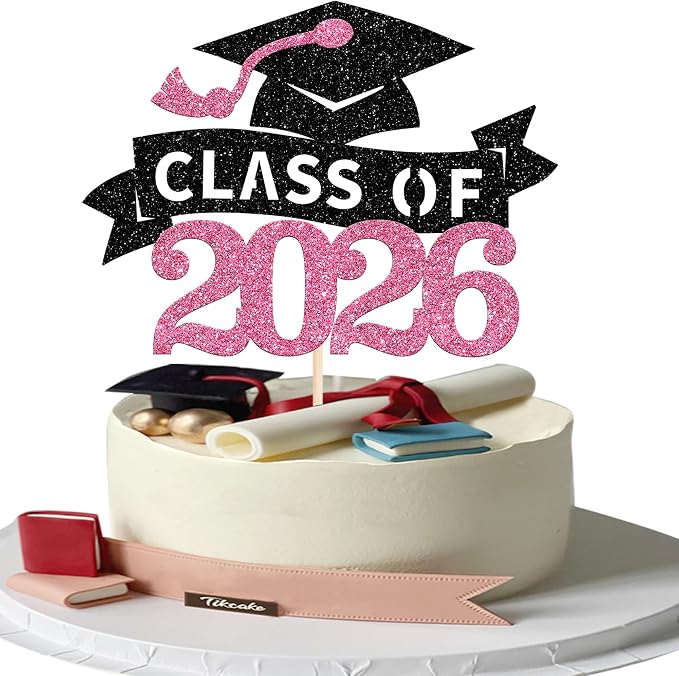 1 Pack Class of 2026 Cake Toppers Graduation Girl Cake Picks Glitter 2026 Graduation Cake Decorations for Theme High School Girls Graduate Cake Decorations Party Supplies Pink