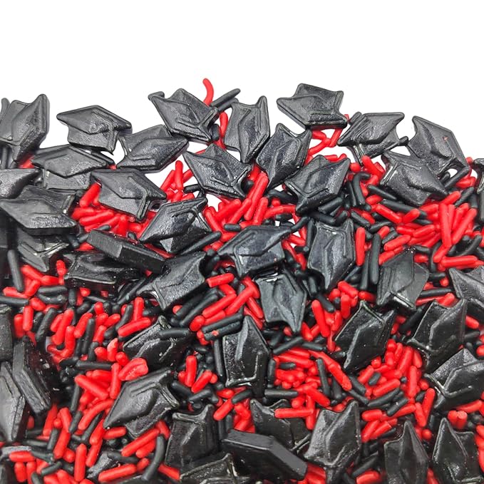 Graduation Day Sprinkles, Red Black Jimmies Sprinkles, Edible School Graduation Hat Sprinkle Candy Soft Jimmies Toppings for Ice Cream, Cupcake, Cake Decorating, Cookie, Dessert Decorating