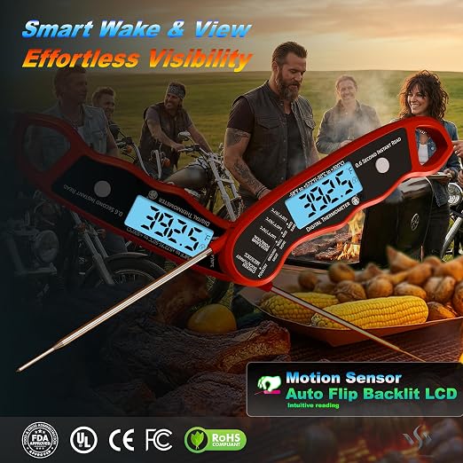 0.6S Instant Read Digital Meat Thermometer Pen for Outdoor BBQ, Grilling, Smoking, Oven Baking, Oil, Candy with Factory-Calibrated Waterproof Magnetic Backlit Flip Display, Motion Sensor.