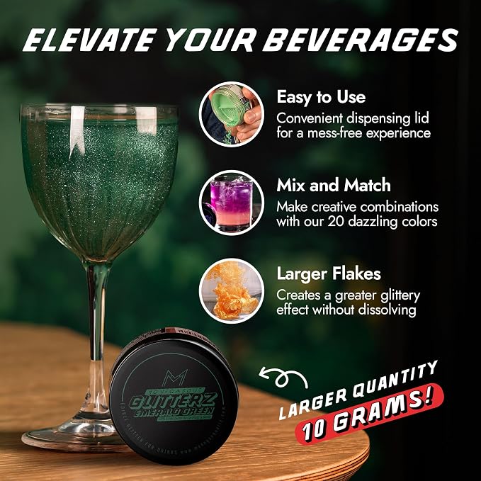 MONÉGASQUE Emerald Green Edible Glitter for Drinks 10g – Green Edible Glitter for Cakes & Cocktails – Food Coloring Spray for Cake Decorations – Cocktail Drink Shimmer Powder – Cake Sprinkles