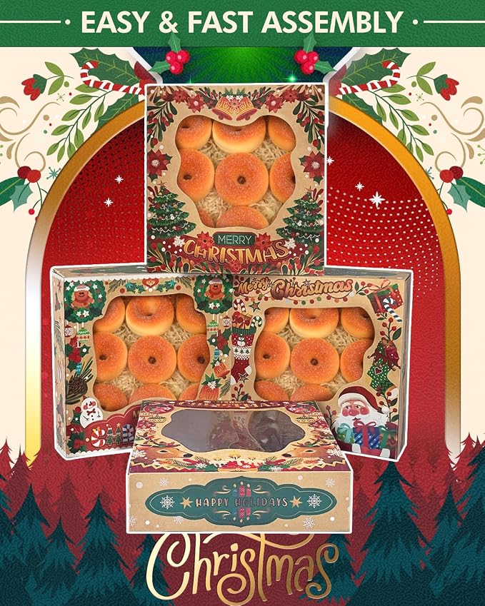 qiqee Christmas Kraft Cookie Boxes with Window 30packs 9x9x2.5 Inch Bakery Box Pastry Box for Christmas